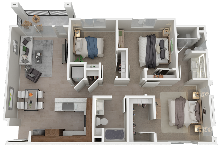 Floor plan for 3 beds, 2 baths, 1283 sqft